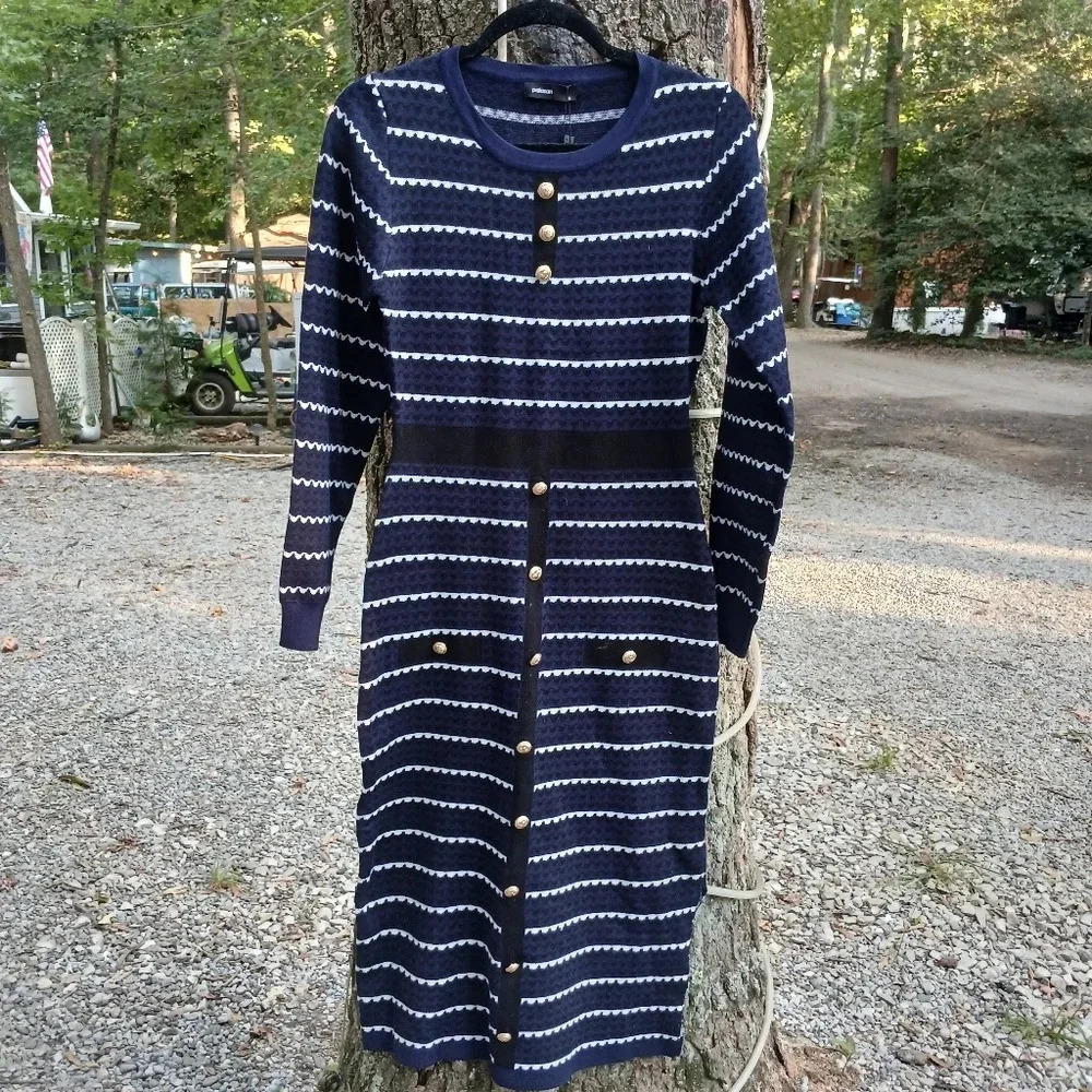 PALASAN LADIES NAVY/BLACK STRIPED SWEATER DRESS LARGE NWT PREPPY ACADEMIA CLASSY